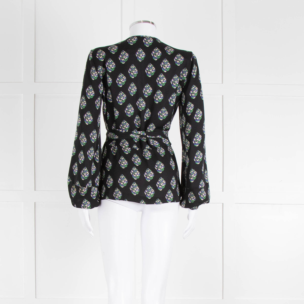 Diane Von Furstenberg Black Purple Cream Silk Print Wrap Top