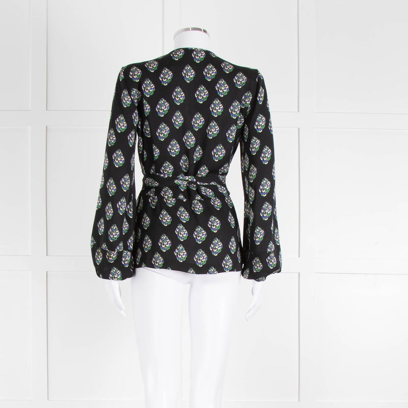 Diane Von Furstenberg Black Purple Cream Silk Print Wrap Top