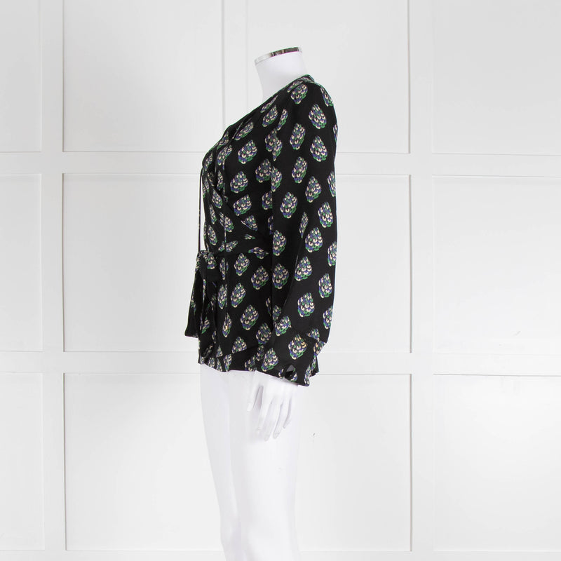 Diane Von Furstenberg Black Purple Cream Silk Print Wrap Top