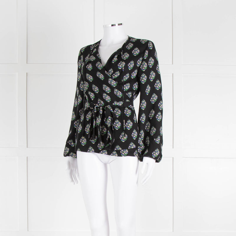 Diane Von Furstenberg Black Purple Cream Silk Print Wrap Top
