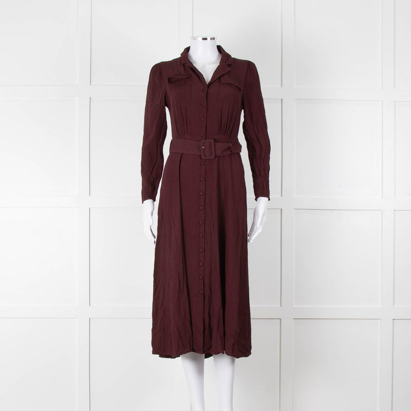 Ghost Burgundy Belted Button Up Long Sleeve Dress