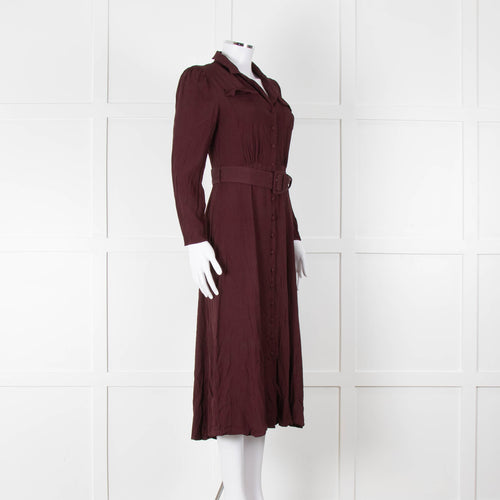Ghost Burgundy Belted Button Up Long Sleeve Dress