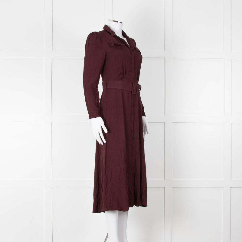 Ghost Burgundy Belted Button Up Long Sleeve Dress