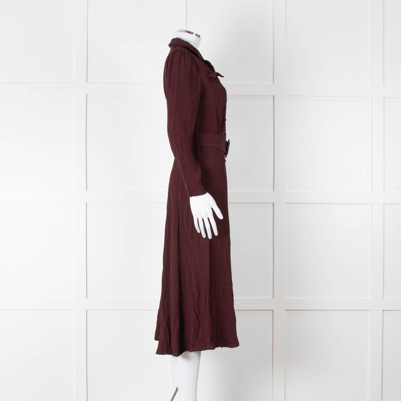 Ghost Burgundy Belted Button Up Long Sleeve Dress