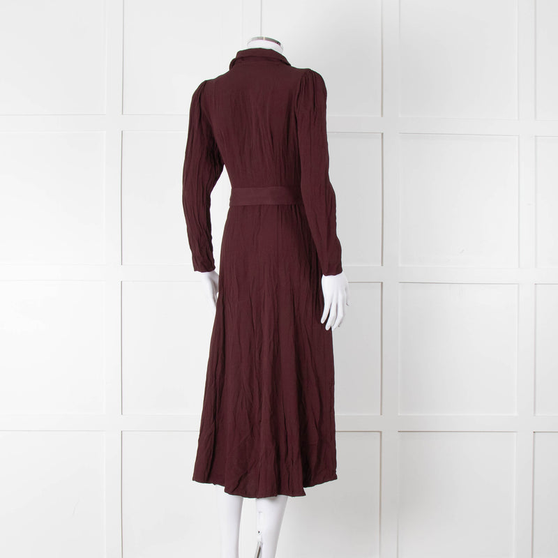 Ghost Burgundy Belted Button Up Long Sleeve Dress