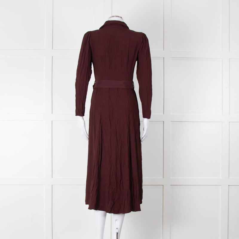 Ghost Burgundy Belted Button Up Long Sleeve Dress