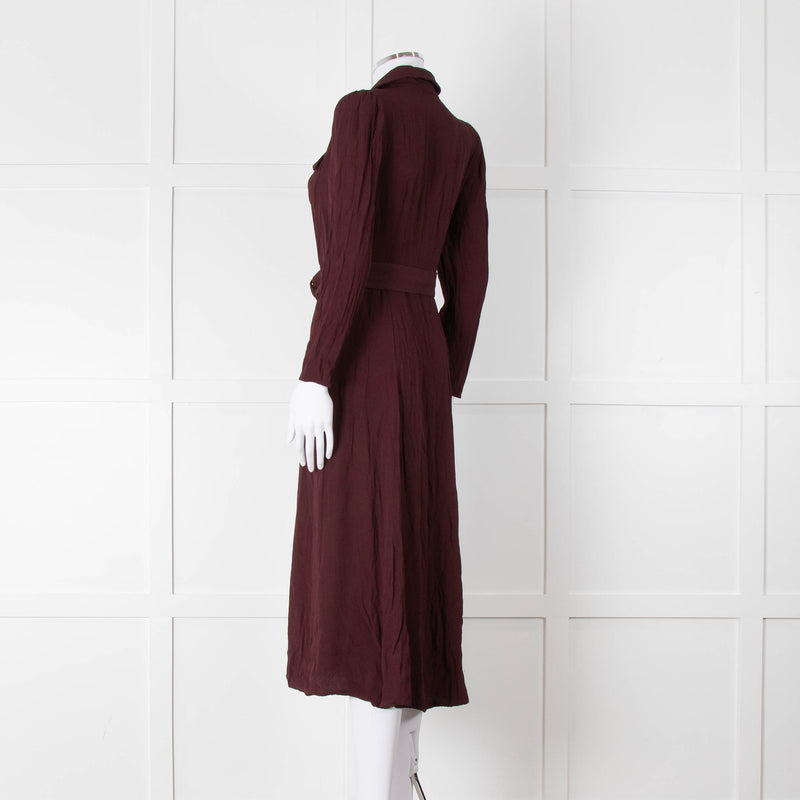 Ghost Burgundy Belted Button Up Long Sleeve Dress