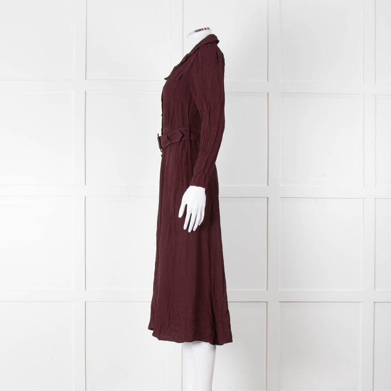 Ghost Burgundy Belted Button Up Long Sleeve Dress