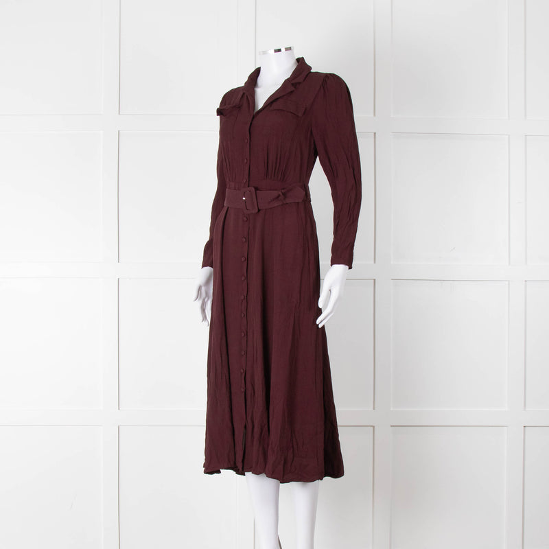 Ghost Burgundy Belted Button Up Long Sleeve Dress
