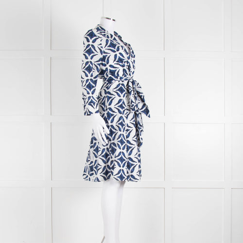 Diane Von Furstenberg White Blue Cotton Wrap Dress