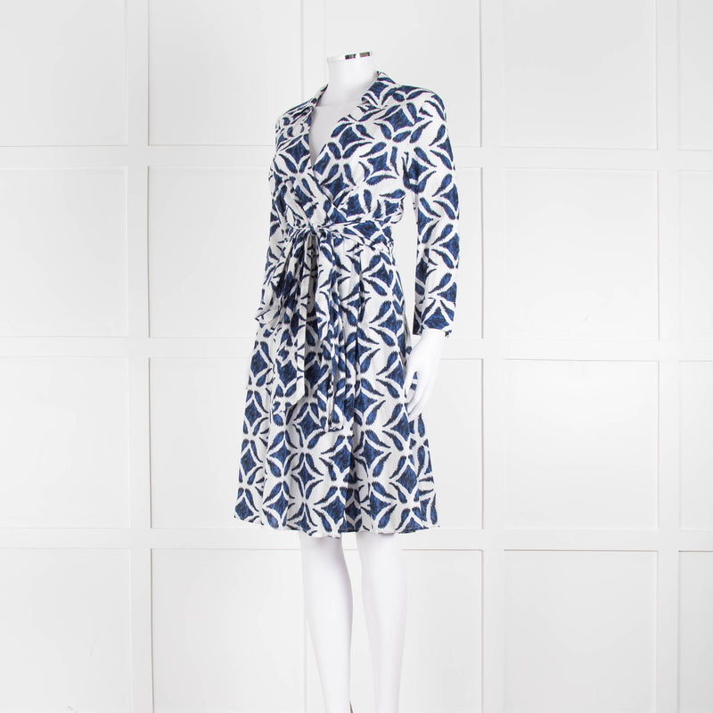 Diane Von Furstenberg White Blue Cotton Wrap Dress