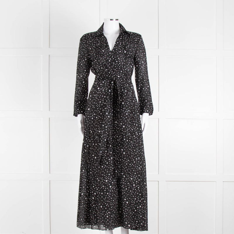 Diane Von Furstenberg Black White Star Print Cotton Blend Wrap Maxi Dress