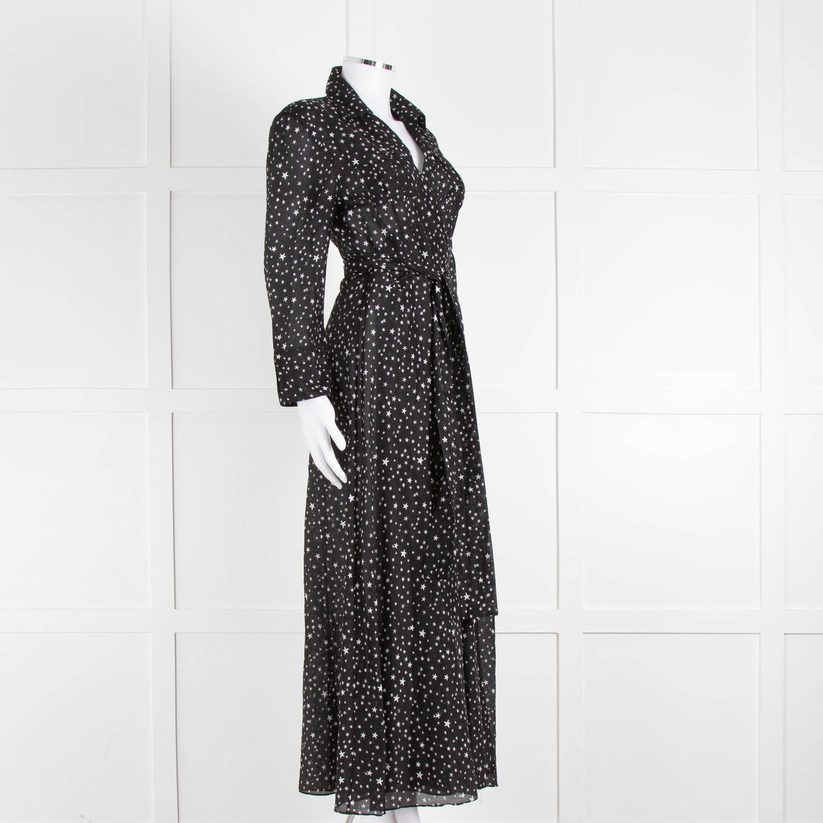 Diane Von Furstenberg Black White Star Print Cotton Blend Wrap Maxi Dress