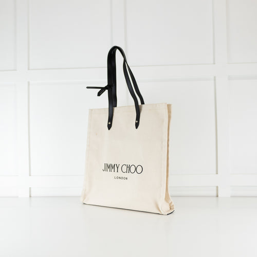 Jimmy Choo Cream Canvas Black Leather Handle Tote Bag