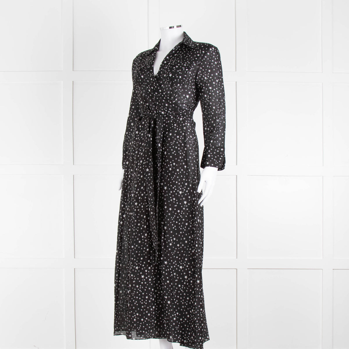 Diane Von Furstenberg Black White Star Print Cotton Blend Wrap Maxi Dress