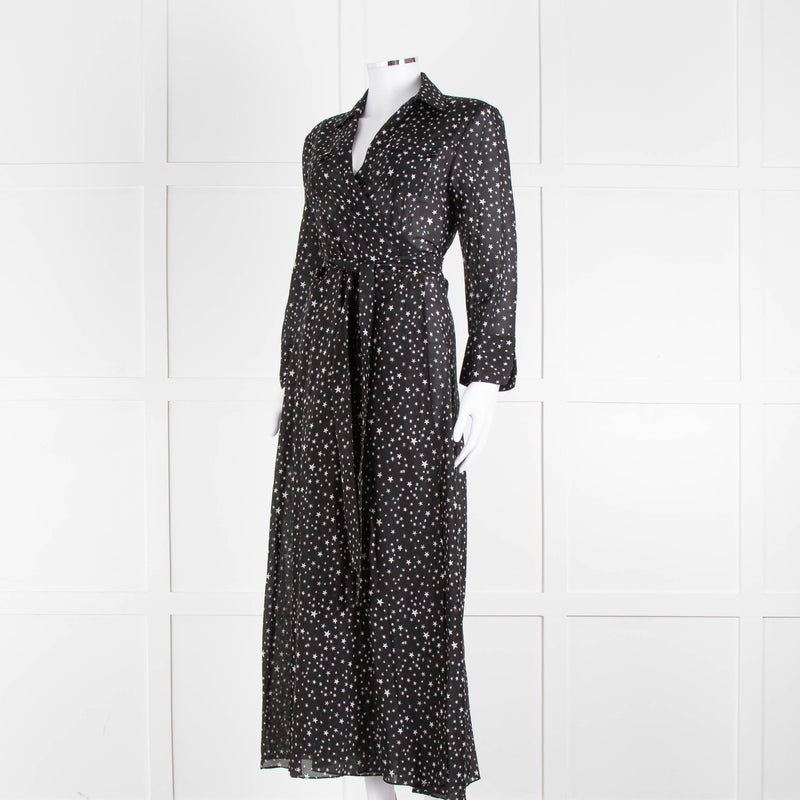 Diane Von Furstenberg Black White Star Print Cotton Blend Wrap Maxi Dress