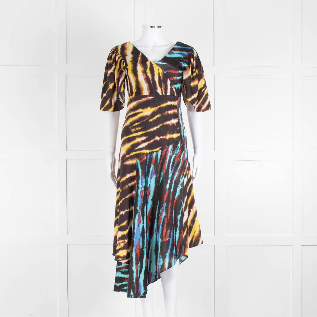 House of Holland Yellow, Blue and Black Tie Dye Draped Midi Dress