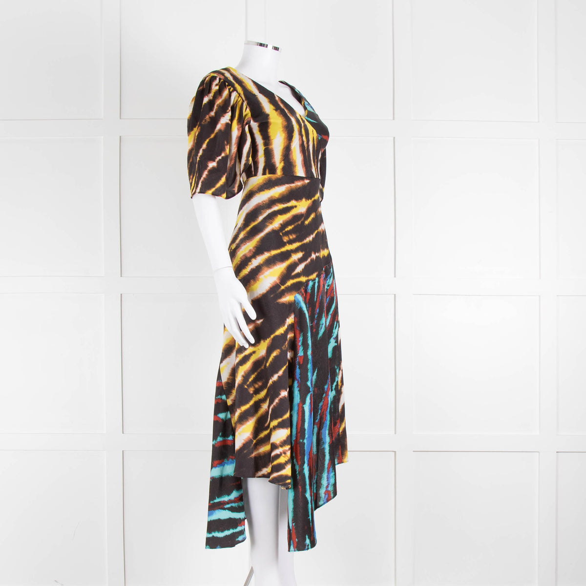 House of Holland Yellow, Blue and Black Tie Dye Draped Midi Dress