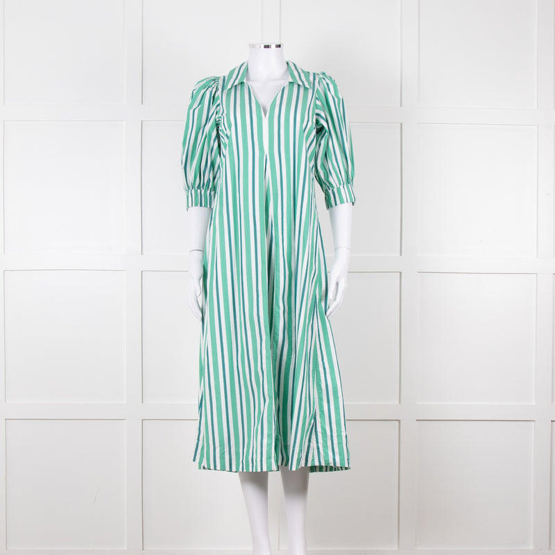 Ganni Green and White Stripes Trapeze Style Dress