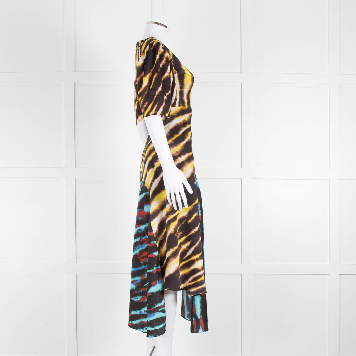House of Holland Yellow, Blue and Black Tie Dye Draped Midi Dress