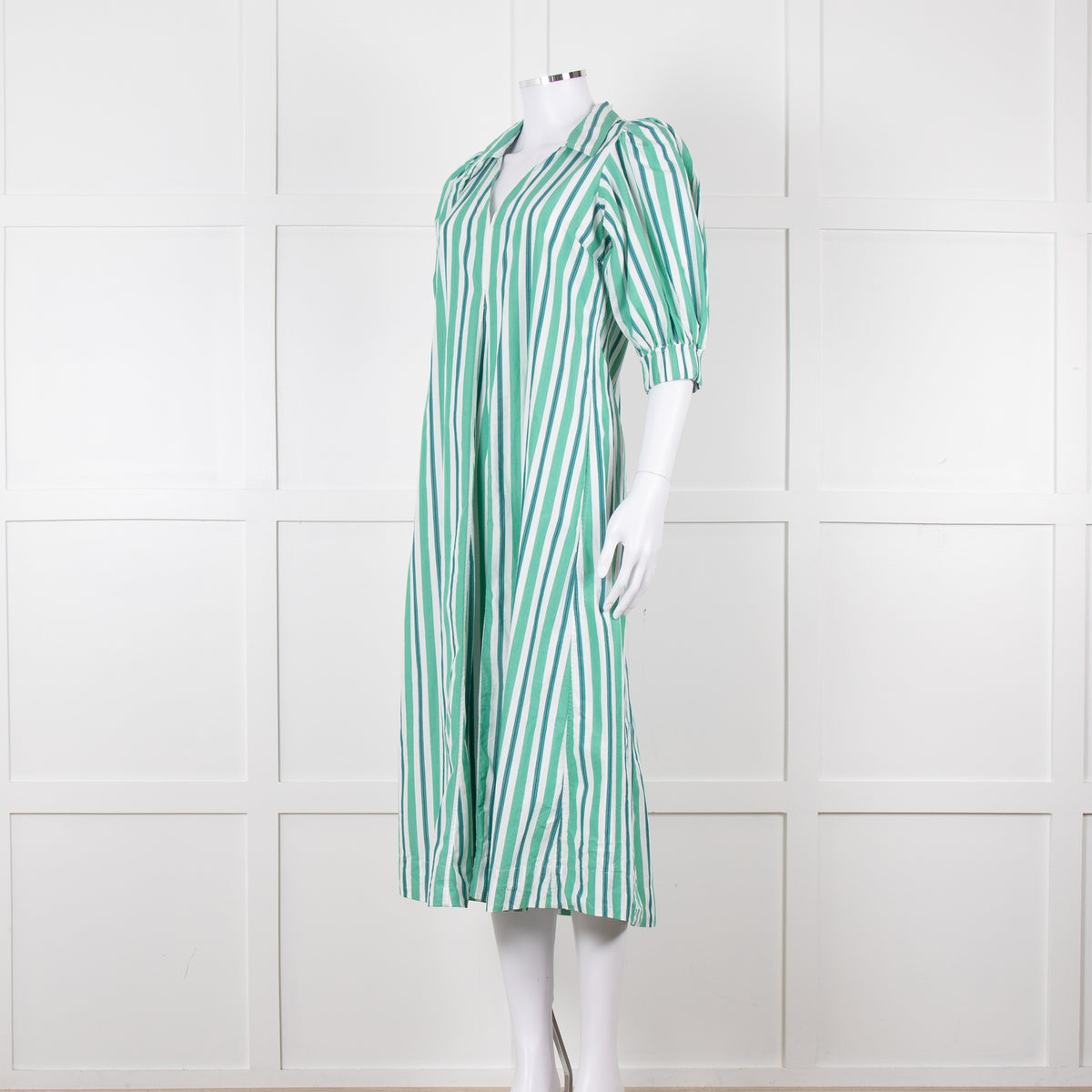 Ganni Green and White Stripes Trapeze Style Dress