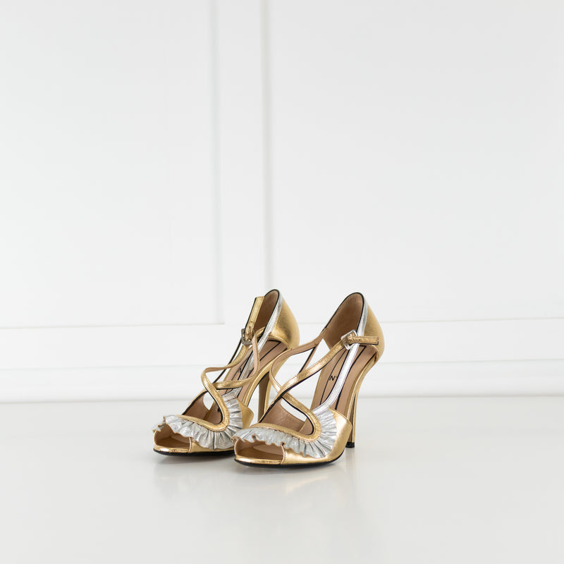 No 21 Gold Silver Leather Frill Trim Heeled Sandals
