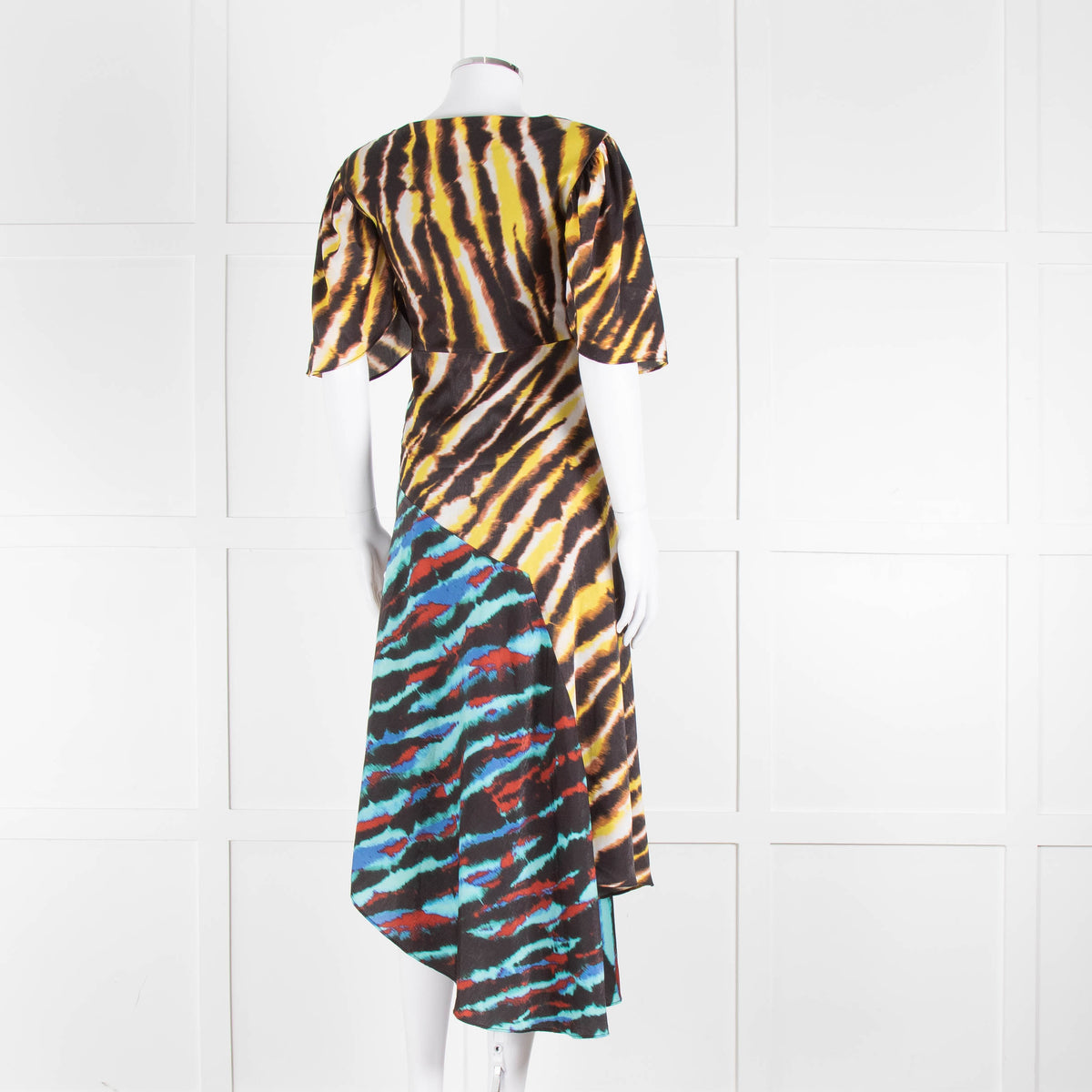 House of Holland Yellow, Blue and Black Tie Dye Draped Midi Dress