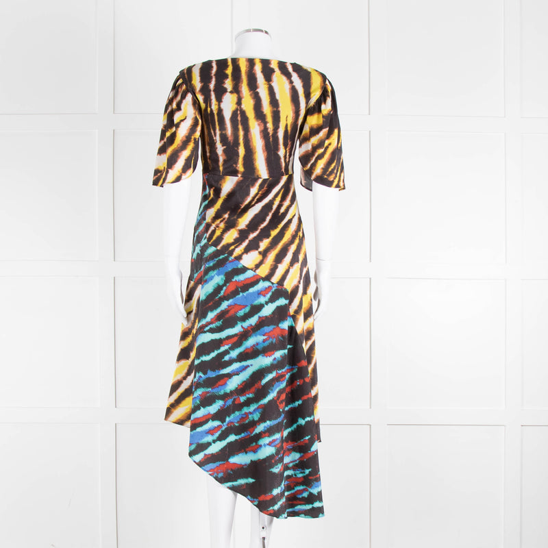 House of Holland Yellow, Blue and Black Tie Dye Draped Midi Dress
