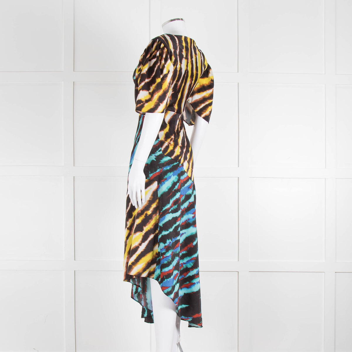 House of Holland Yellow, Blue and Black Tie Dye Draped Midi Dress
