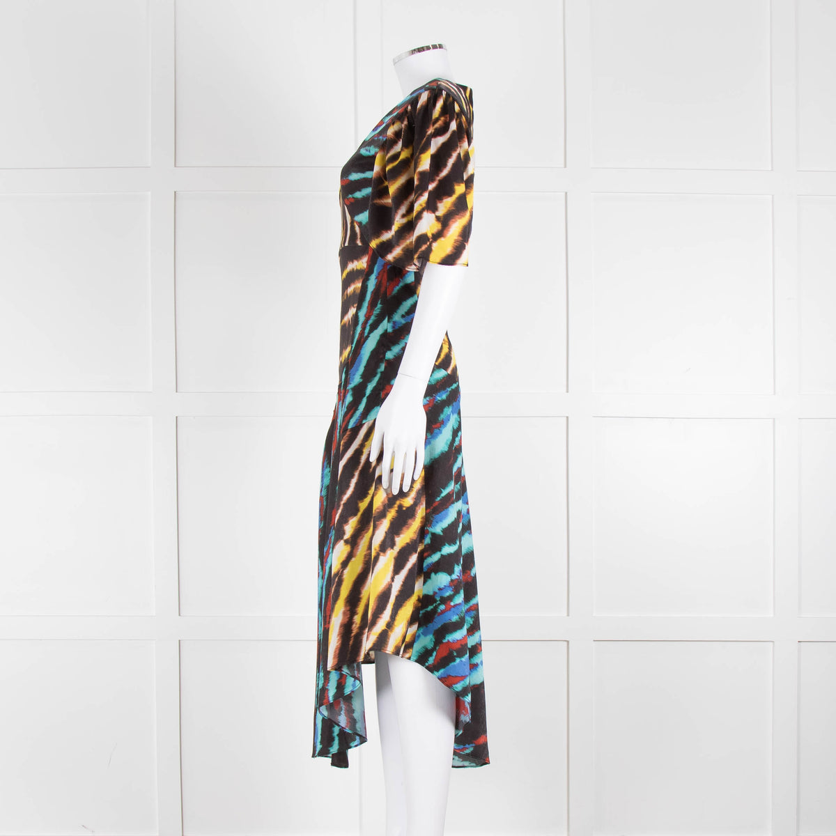 House of Holland Yellow, Blue and Black Tie Dye Draped Midi Dress