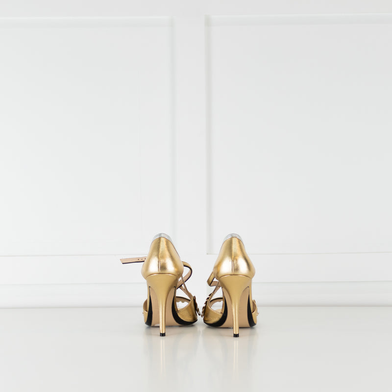 No 21 Gold Silver Leather Frill Trim Heeled Sandals