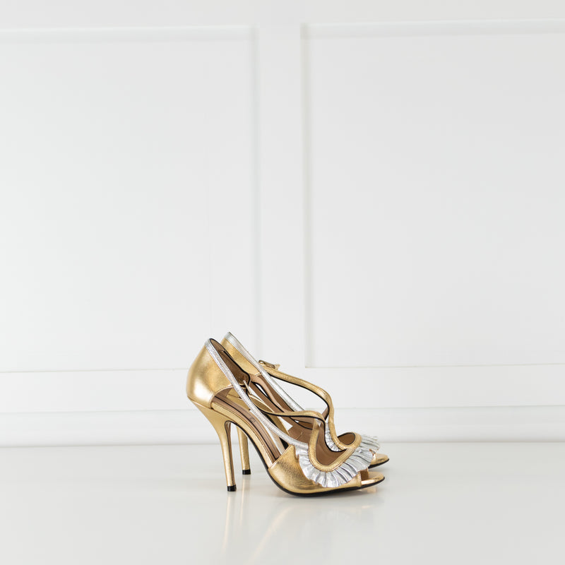No 21 Gold Silver Leather Frill Trim Heeled Sandals