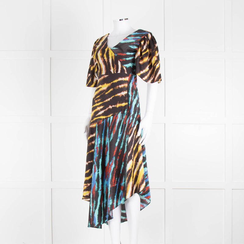 House of Holland Yellow, Blue and Black Tie Dye Draped Midi Dress
