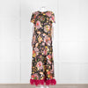 La DoubleJ Black Silk Ostrich Feather Trim  Patterned Maxi Dress