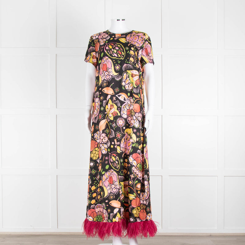 La DoubleJ Black Silk Ostrich Feather Trim  Patterned Maxi Dress