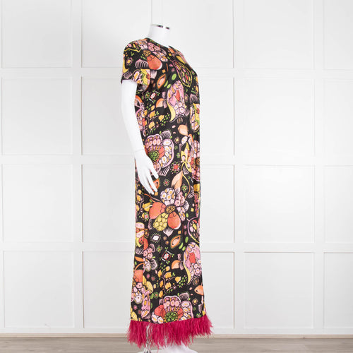 La DoubleJ Black Silk Ostrich Feather Trim  Patterned Maxi Dress
