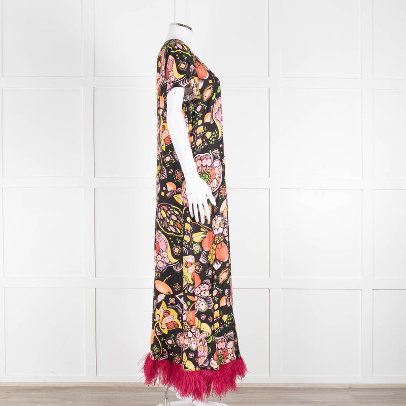 La DoubleJ Black Silk Ostrich Feather Trim  Patterned Maxi Dress