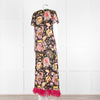 La DoubleJ Black Silk Ostrich Feather Trim  Patterned Maxi Dress