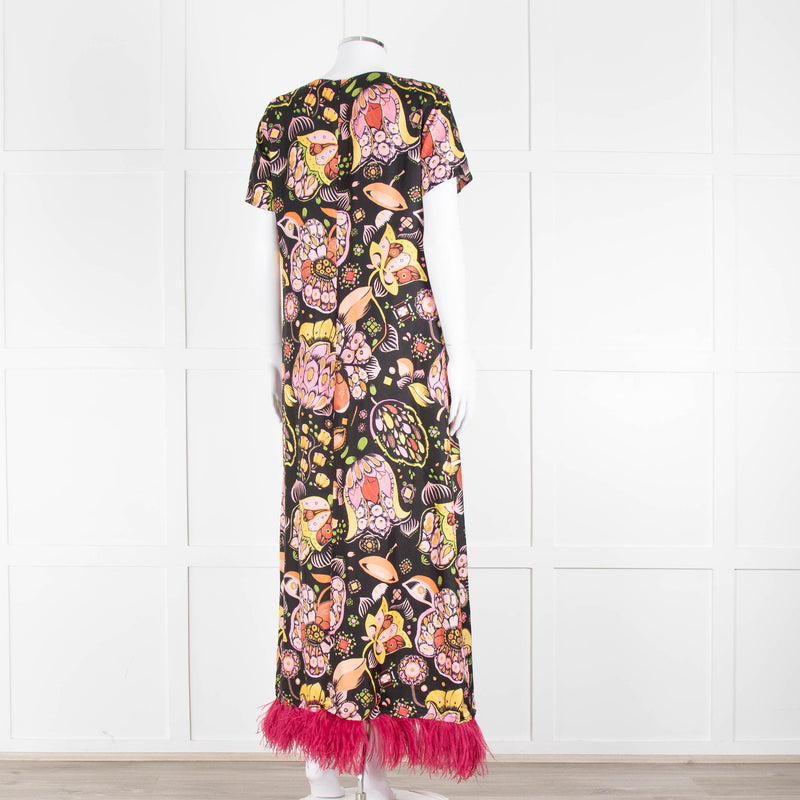 La DoubleJ Black Silk Ostrich Feather Trim  Patterned Maxi Dress