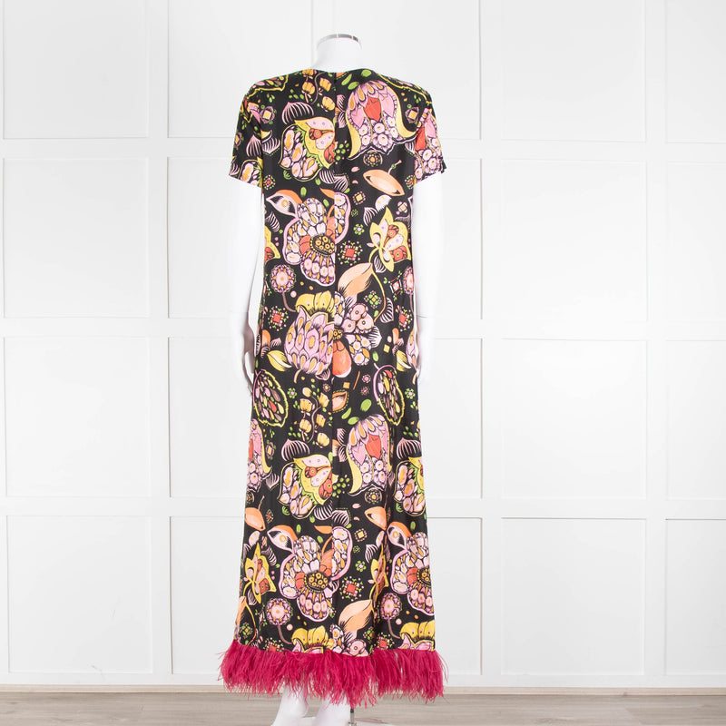 La DoubleJ Black Silk Ostrich Feather Trim  Patterned Maxi Dress