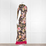 La DoubleJ Black Silk Ostrich Feather Trim  Patterned Maxi Dress