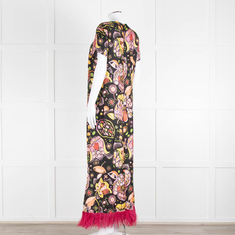 La DoubleJ Black Silk Ostrich Feather Trim  Patterned Maxi Dress