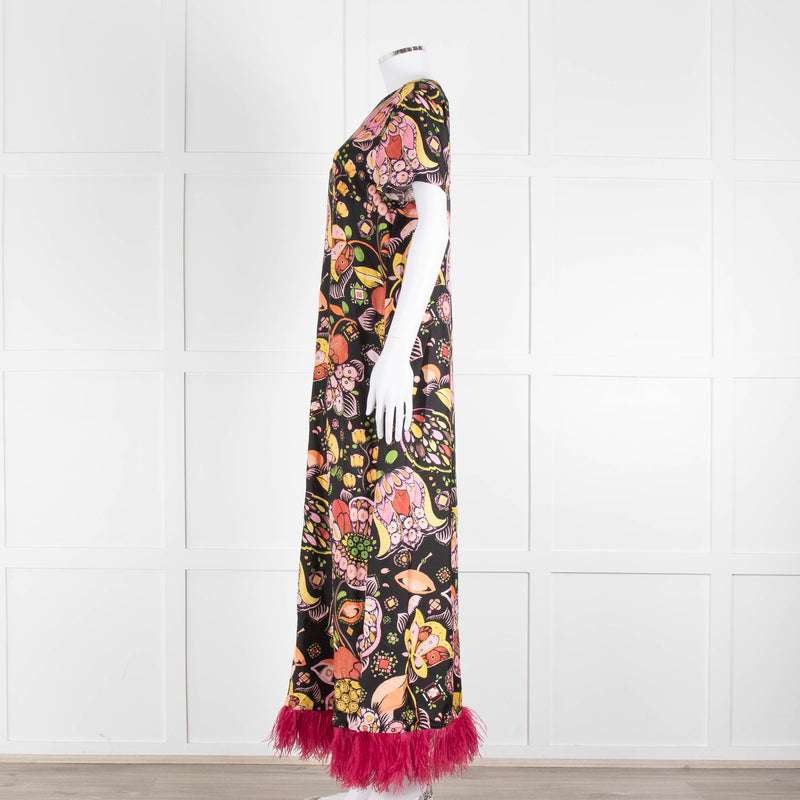 La DoubleJ Black Silk Ostrich Feather Trim  Patterned Maxi Dress