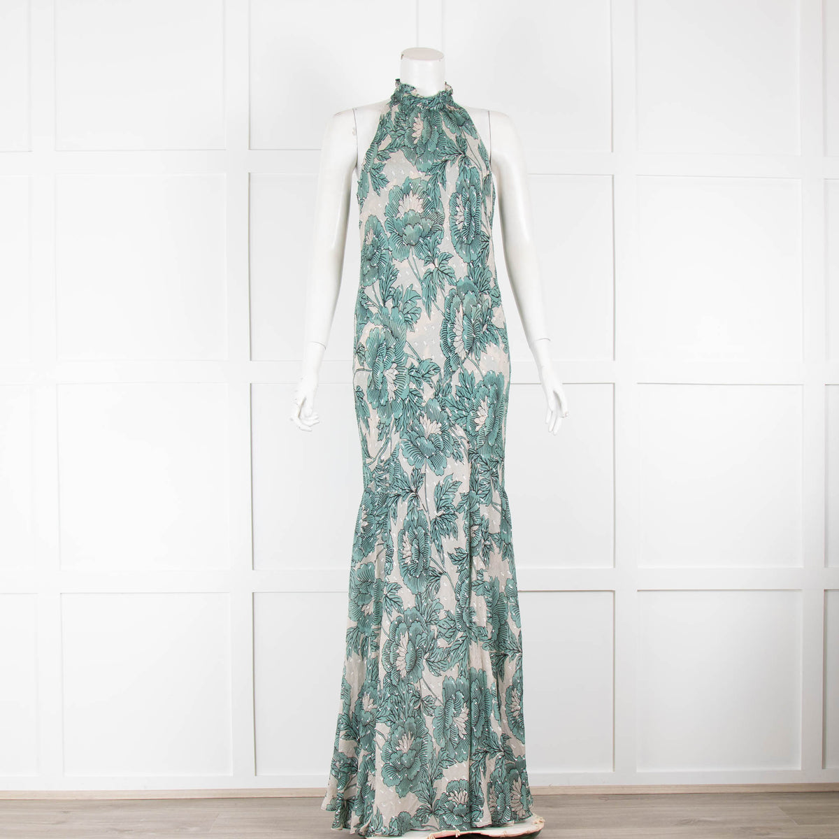 Diane Von Furstenberg Green & Beige Floral Halter neck Dress