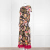 La DoubleJ Black Silk Ostrich Feather Trim  Patterned Maxi Dress