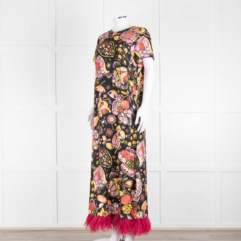 La DoubleJ Black Silk Ostrich Feather Trim  Patterned Maxi Dress