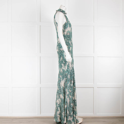 Diane Von Furstenberg Green & Beige Floral Halter neck Dress