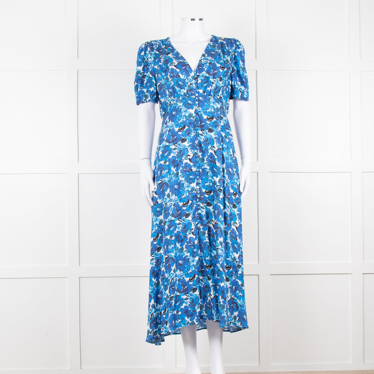 The Kooples Blue Floral Puff Sleeve Midi Dress