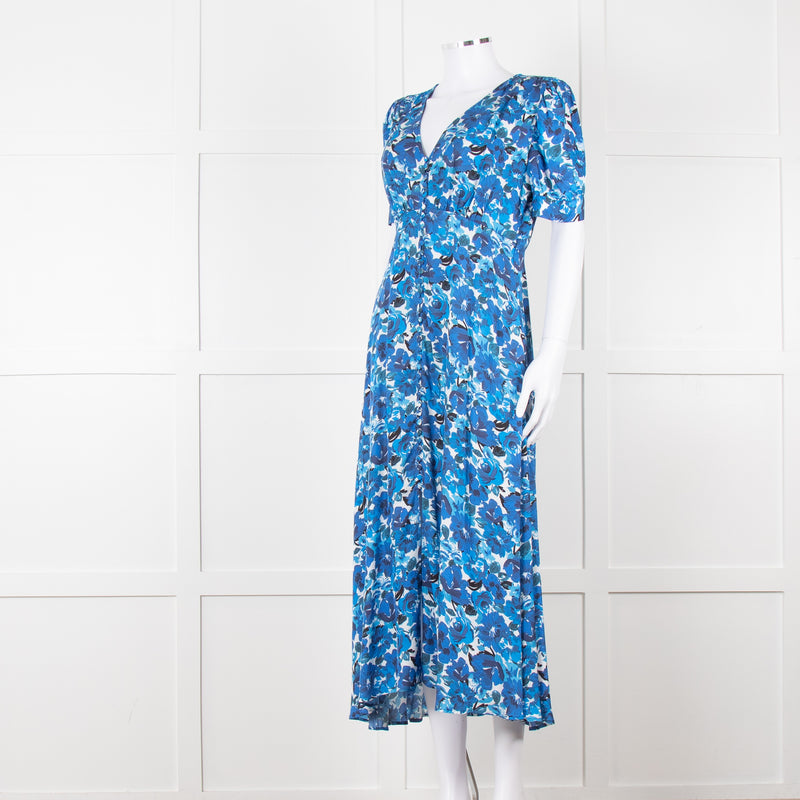 The Kooples Blue Floral Puff Sleeve Midi Dress