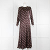 Ganni Brown Satin Polka Dot Maxi Long Sleeve Dress